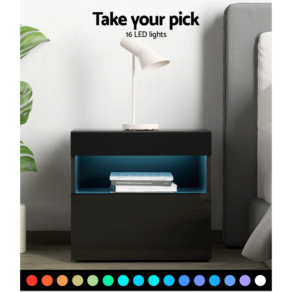 Bedside Tables Drawers Side Table RGB LED High Gloss Nightstand Black - image5