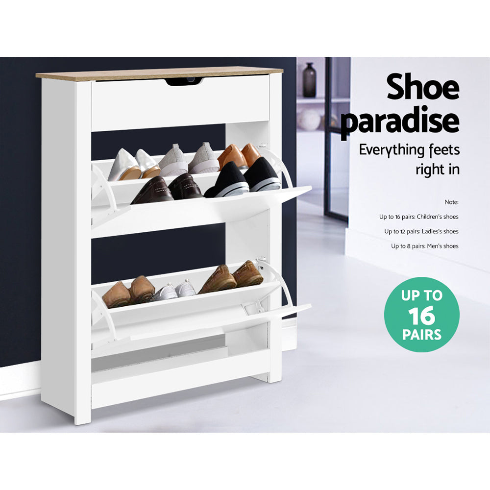 Shoe Cabinet Rack Storage Organiser Cupboard Shelf Drawer 16 Pairs White - image5