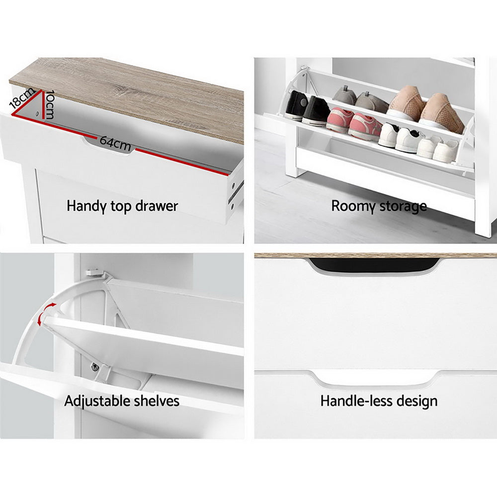 Shoe Cabinet Rack Storage Organiser Cupboard Shelf Drawer 16 Pairs White - image8