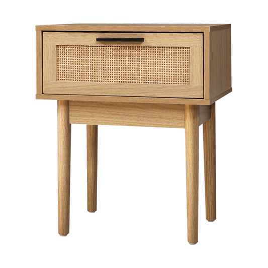 Bedside Tables Table 1 Drawer Storage Cabinet Rattan Wood Nightstand - image1