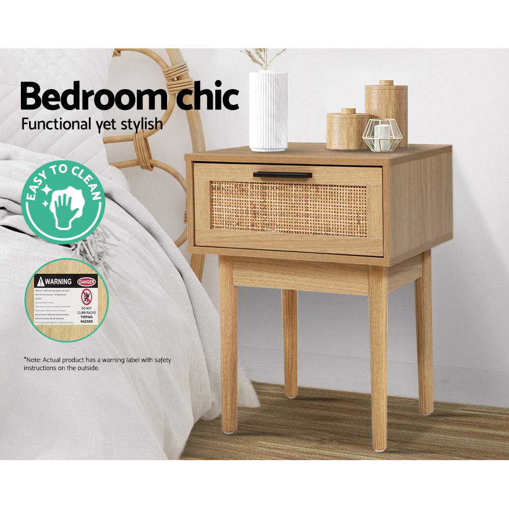 Bedside Tables Table 1 Drawer Storage Cabinet Rattan Wood Nightstand - image5