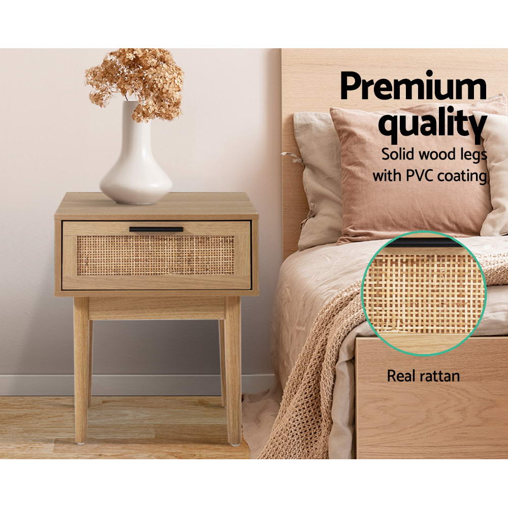 Bedside Tables Table 1 Drawer Storage Cabinet Rattan Wood Nightstand - image6