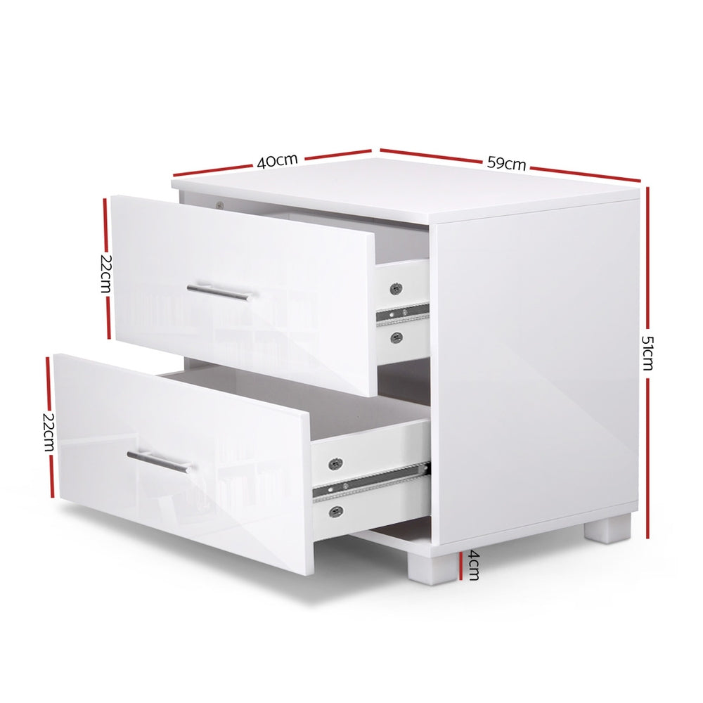 High Gloss Two Drawers Bedside Table - White - image2