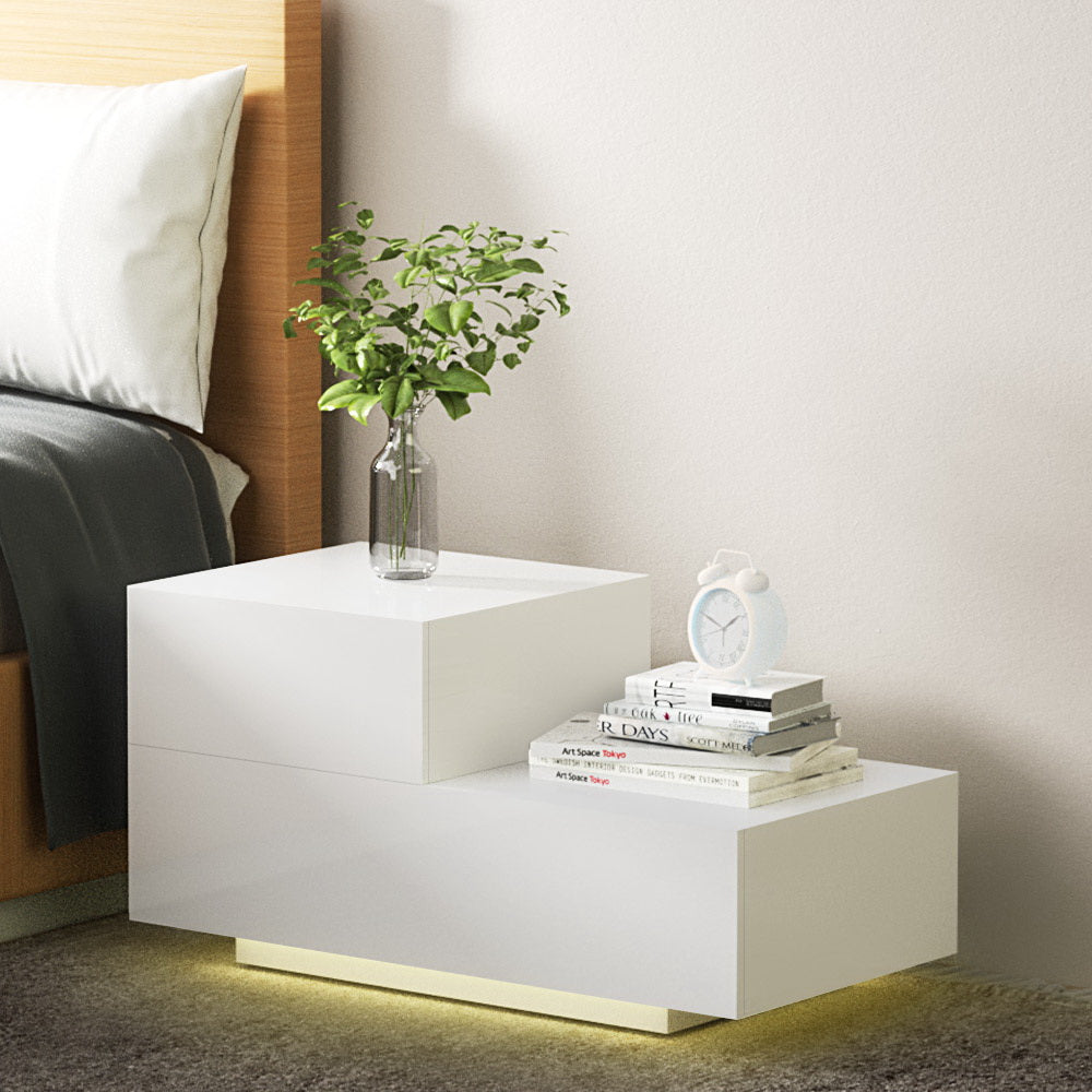 Bedside Tables 2 Drawers Side Table RGB LED High Gloss Nightstand White - image8