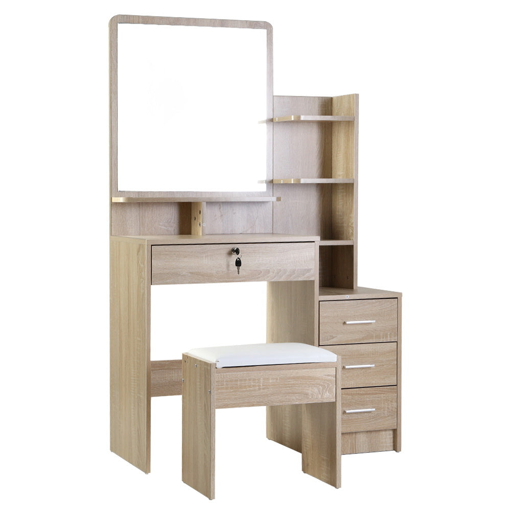 Dressing Table Mirror Stool Set Vanity Makeup Desk Organizer Drawer Oak - image1