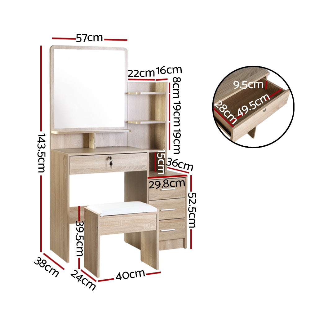 Dressing Table Mirror Stool Set Vanity Makeup Desk Organizer Drawer Oak - image2