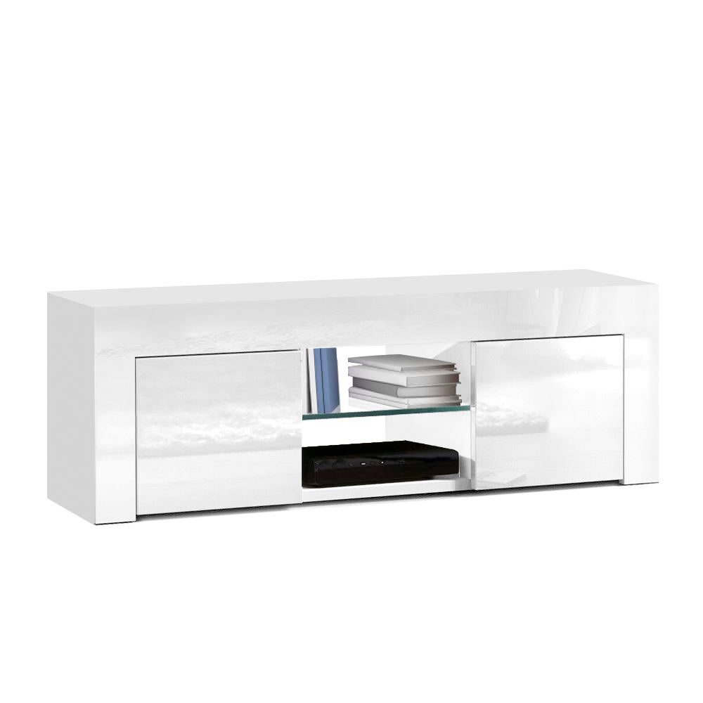 130cm High Gloss TV Stand Entertainment Unit Storage Cabinet Tempered Glass Shelf White - image1