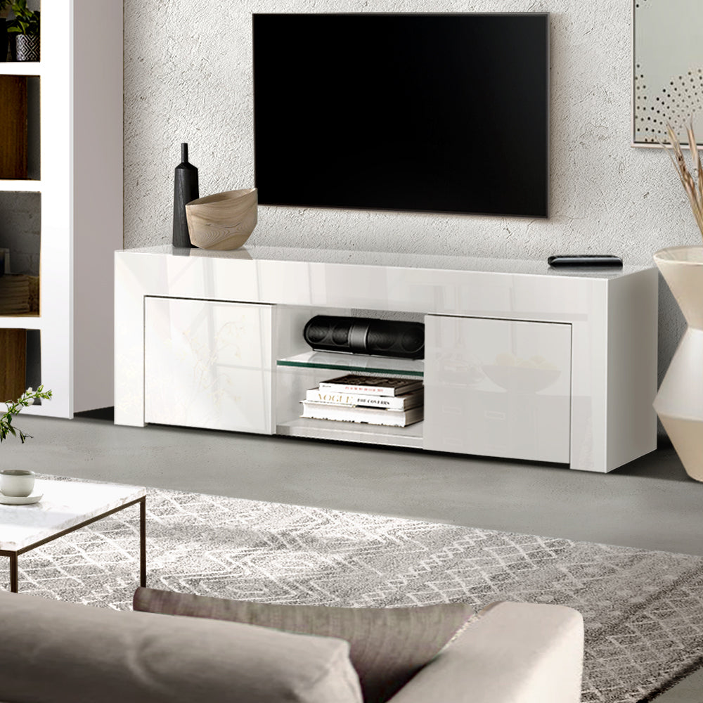 130cm High Gloss TV Stand Entertainment Unit Storage Cabinet Tempered Glass Shelf White - image8