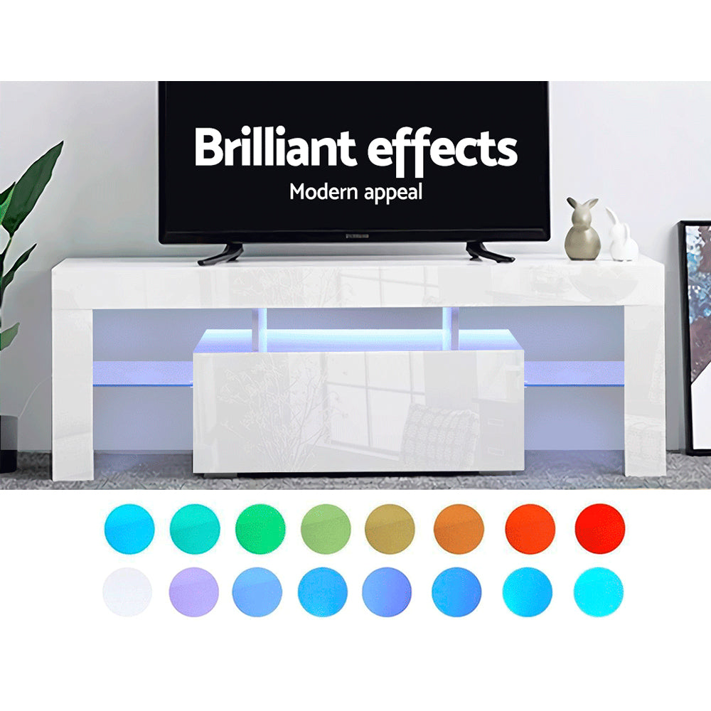 130cm RGB LED TV Stand Cabinet Entertainment Unit Gloss Furniture Drawer Tempered Glass Shelf White - image3