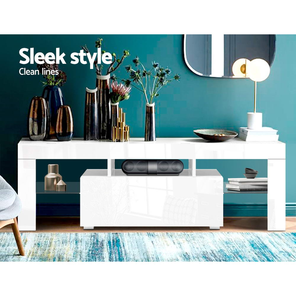 130cm RGB LED TV Stand Cabinet Entertainment Unit Gloss Furniture Drawer Tempered Glass Shelf White - image4