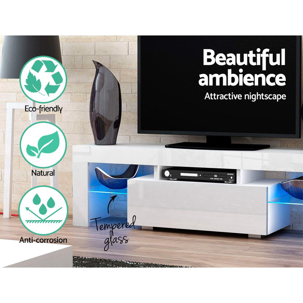 130cm RGB LED TV Stand Cabinet Entertainment Unit Gloss Furniture Drawer Tempered Glass Shelf White - image5