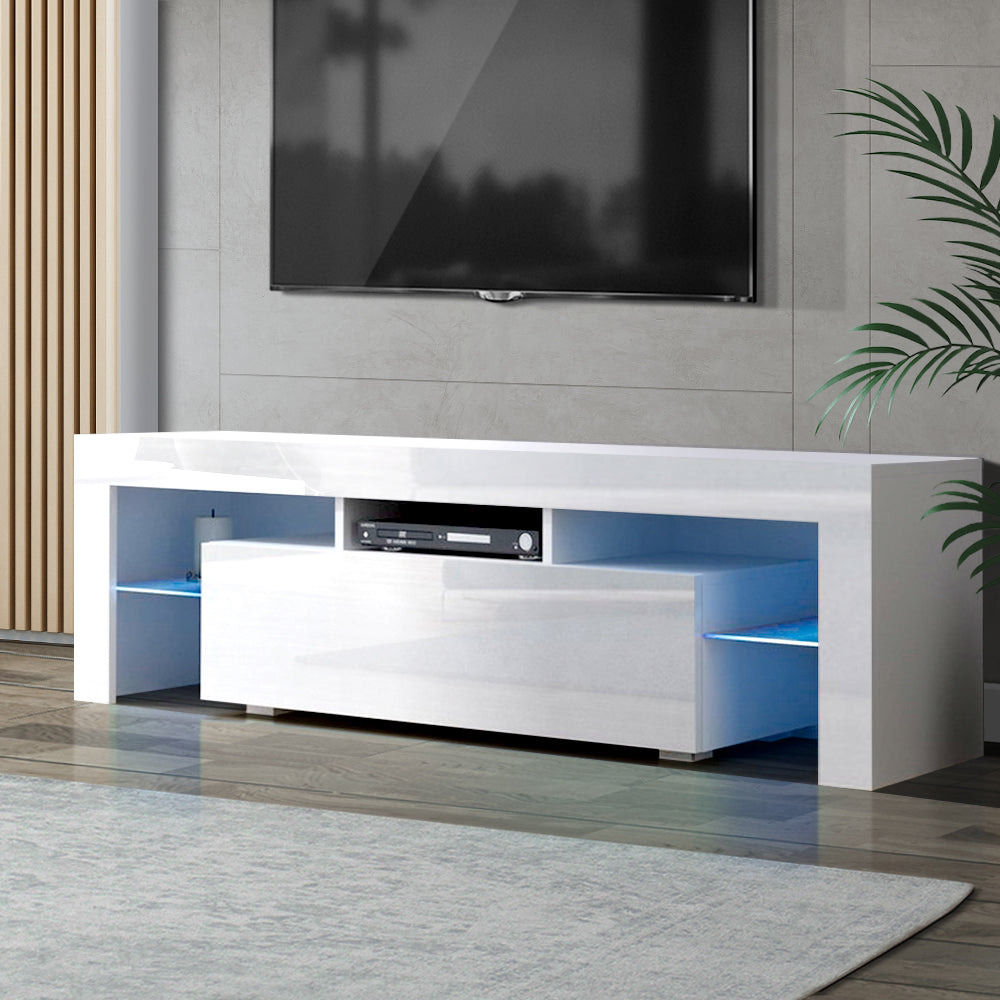 130cm RGB LED TV Stand Cabinet Entertainment Unit Gloss Furniture Drawer Tempered Glass Shelf White - image7