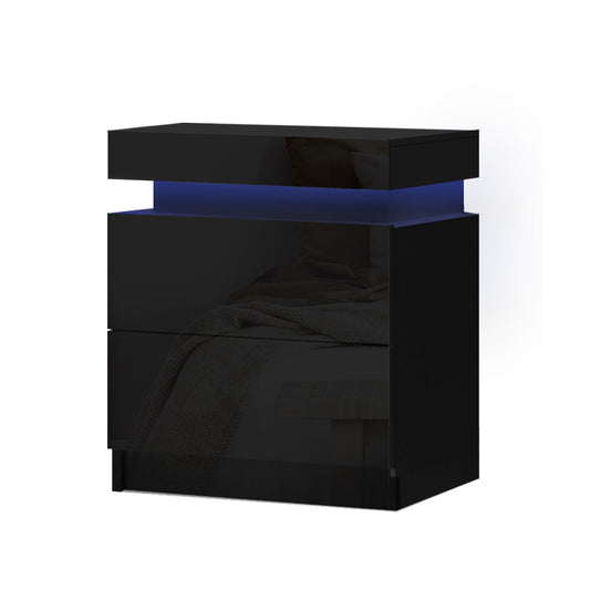 Bedside Tables Side Table Drawers RGB LED High Gloss Nightstand Black - image1