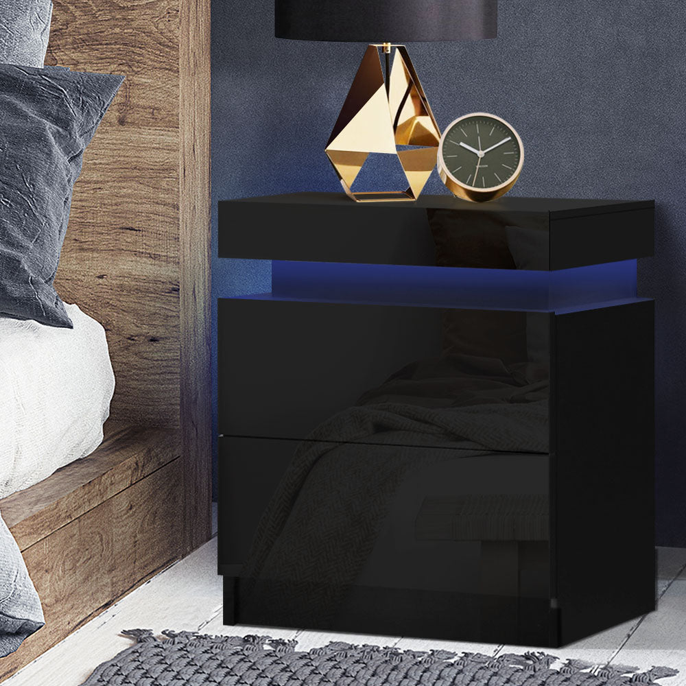 Bedside Tables Side Table Drawers RGB LED High Gloss Nightstand Black - image7