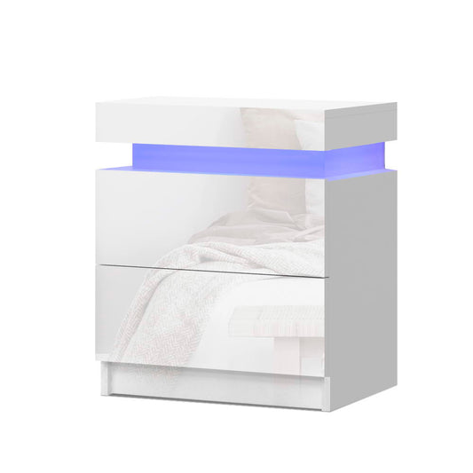 Bedside Tables Side Table Drawers RGB LED High Gloss Nightstand White - image1