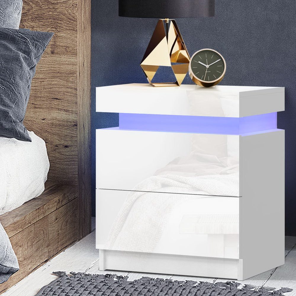 Bedside Tables Side Table Drawers RGB LED High Gloss Nightstand White - image7