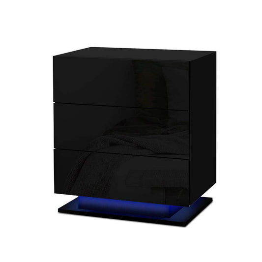 Bedside Tables Side Table RGB LED Lamp 3 Drawers Nightstand Gloss Black - image1