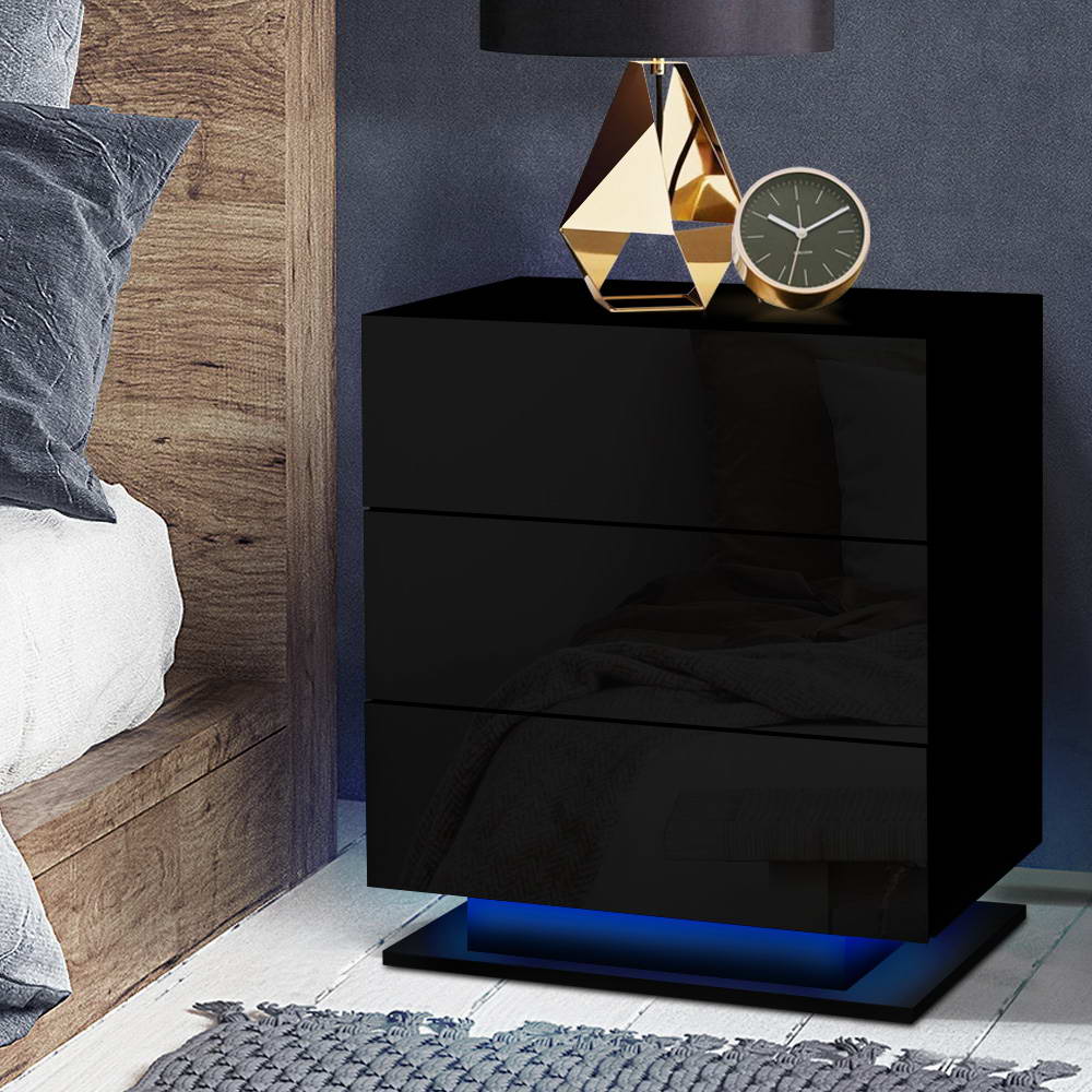 Bedside Tables Side Table RGB LED Lamp 3 Drawers Nightstand Gloss Black - image7