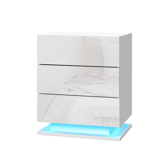 Bedside Tables Side Table RGB LED Lamp 3 Drawers Nightstand Gloss White - image1