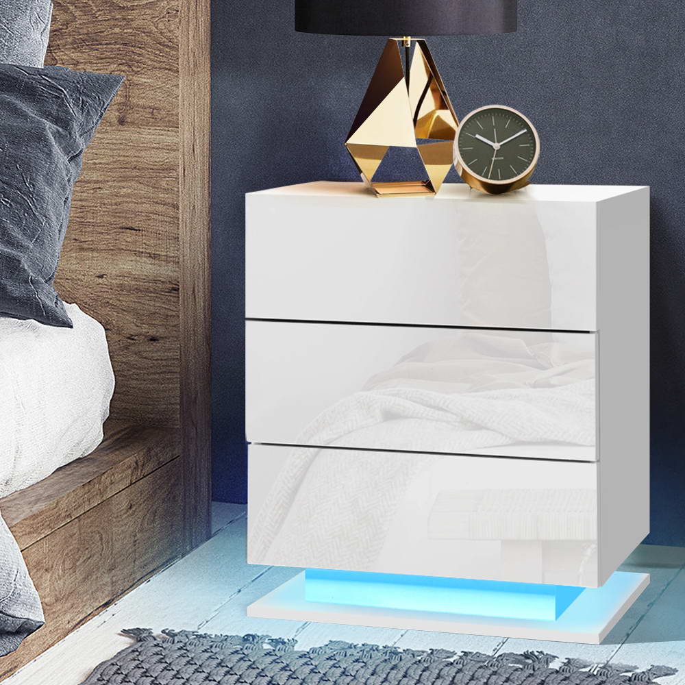 Bedside Tables Side Table RGB LED Lamp 3 Drawers Nightstand Gloss White - image7