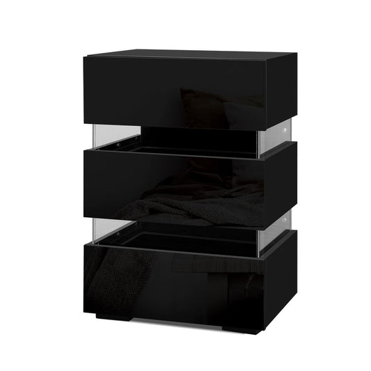 Bedside Table Side Unit RGB LED Lamp 3 Drawers Nightstand Gloss Furniture Black - image1