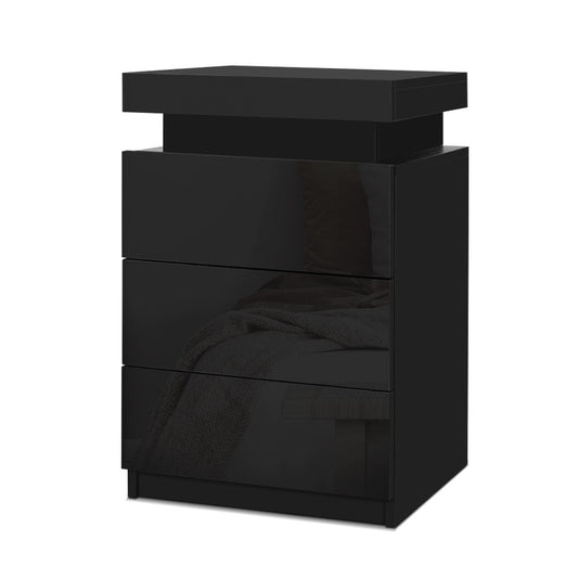 Bedside Tables Side Table 3 Drawers RGB LED High Gloss Nightstand Black - image1