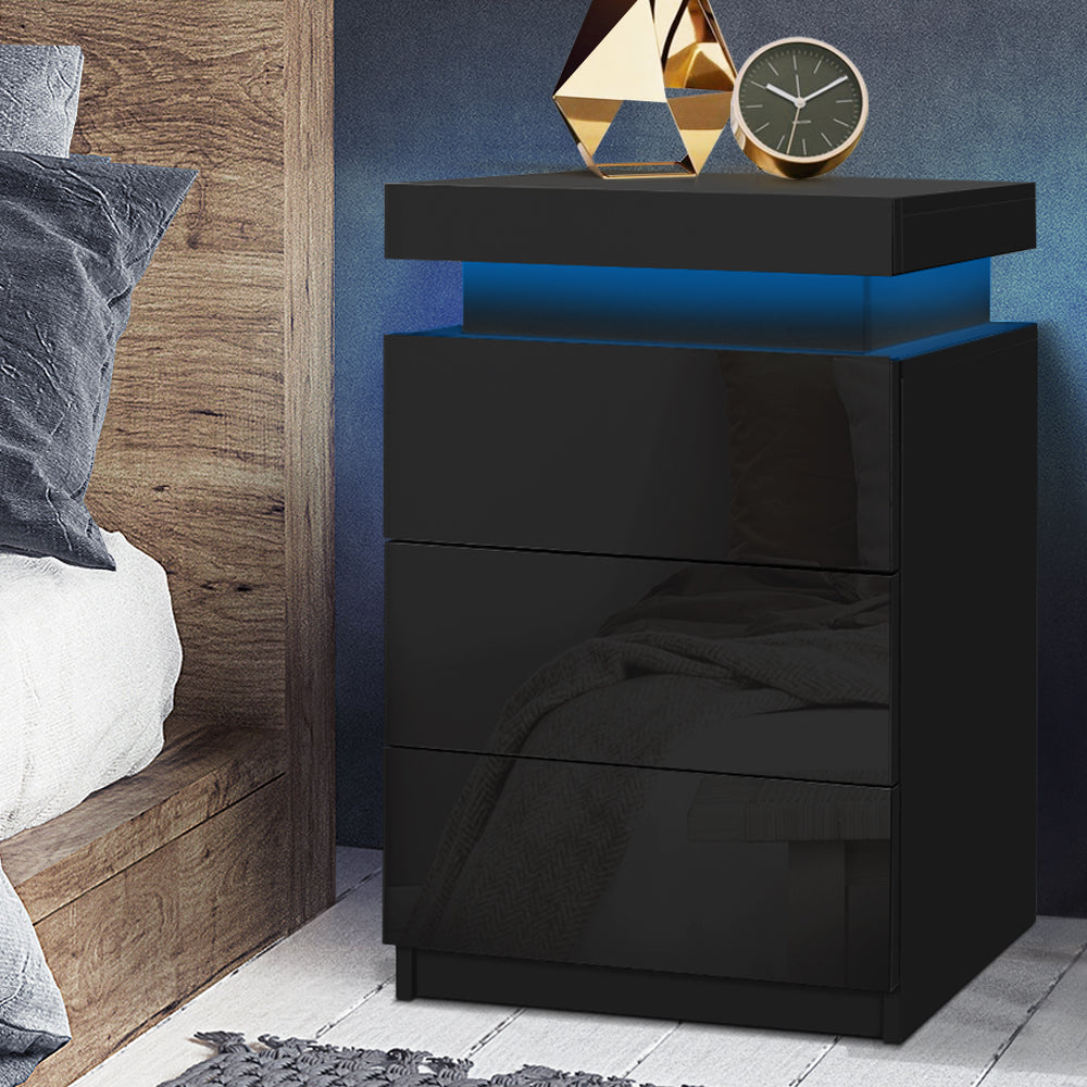 Bedside Tables Side Table 3 Drawers RGB LED High Gloss Nightstand Black - image8
