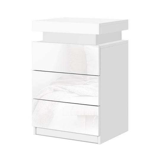 Bedside Tables Side Table 3 Drawers RGB LED High Gloss Nightstand White - image1
