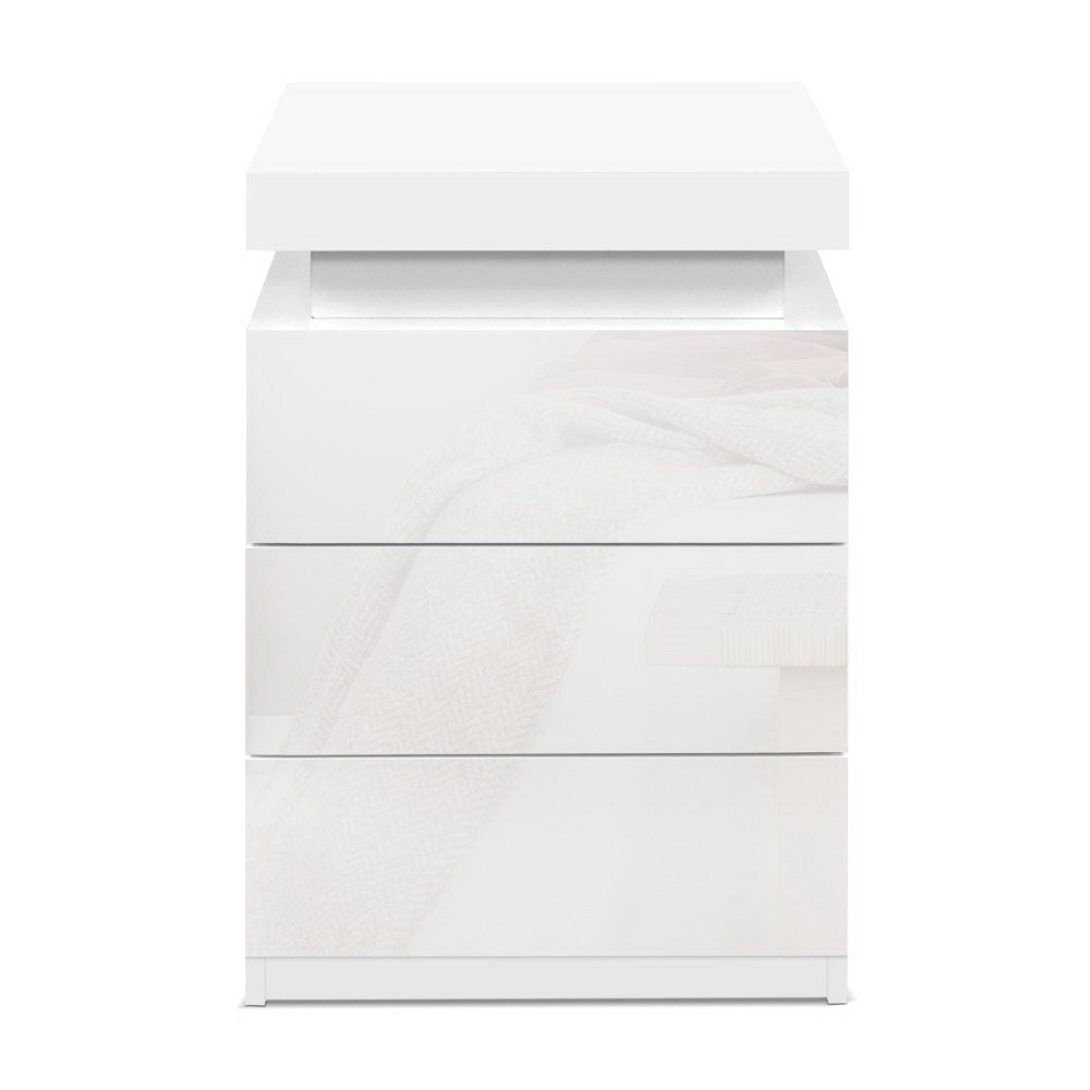 Bedside Tables Side Table 3 Drawers RGB LED High Gloss Nightstand White - image3