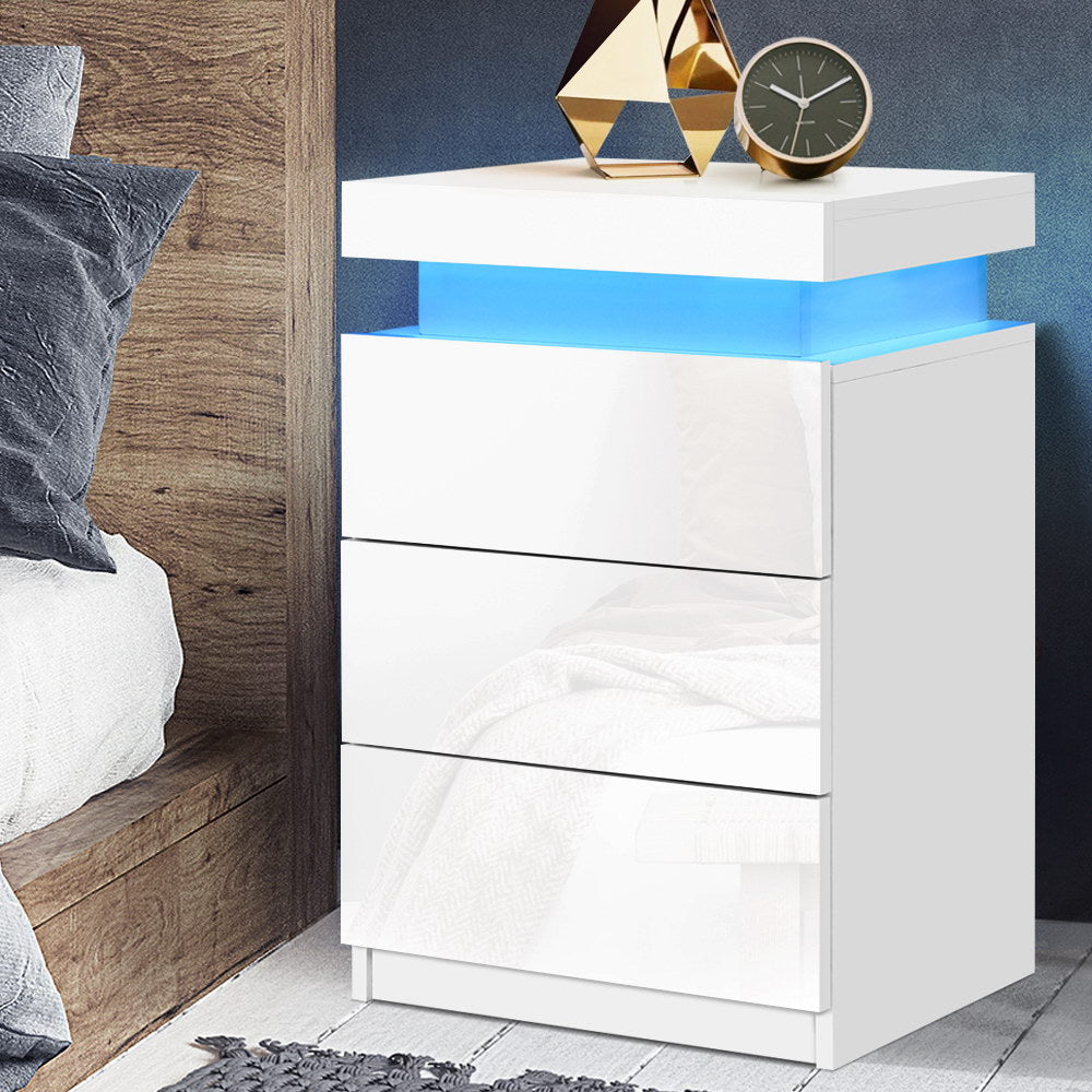 Bedside Tables Side Table 3 Drawers RGB LED High Gloss Nightstand White - image7