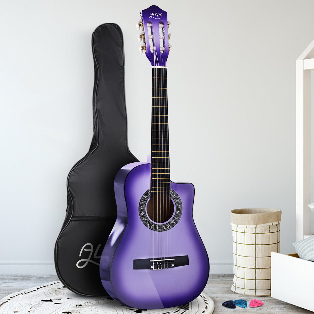 Alpha 34" Inch Guitar Classical Acoustic Cutaway Wooden Ideal Kids Gift Children 1/2 Size Purple - image7