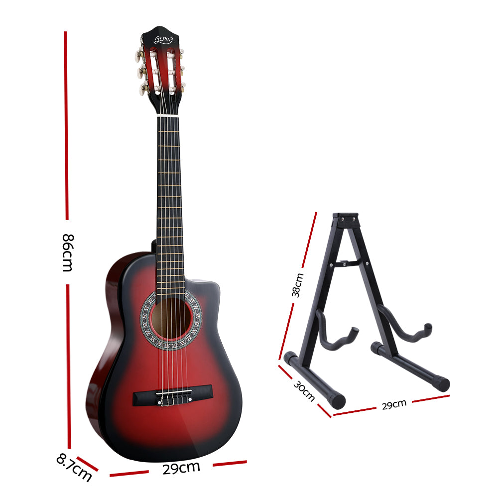 Alpha 34" Inch Guitar Classical Acoustic Cutaway Wooden Ideal Kids Gift Children 1/2 Size Red with Capo Tuner - image2