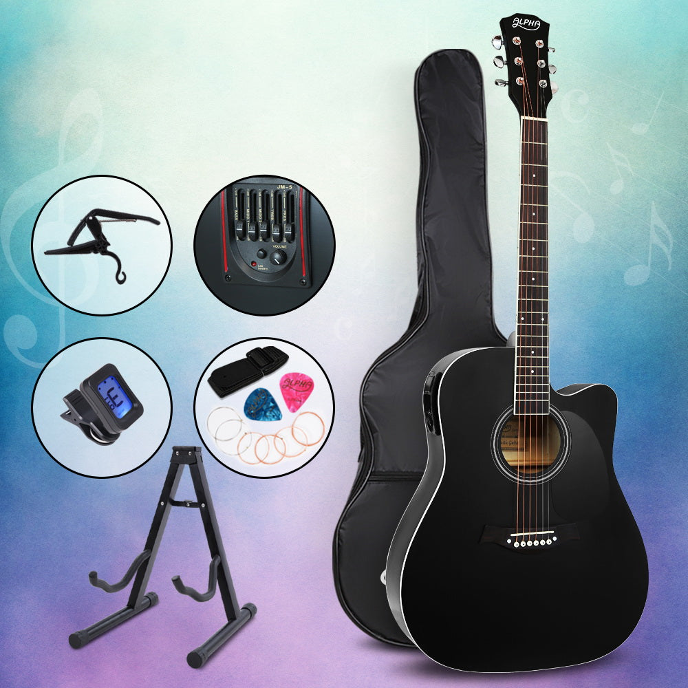 Alpha 41" Inch Electric Acoustic Guitar Wooden Classical Full Size EQ Capo Black - image14