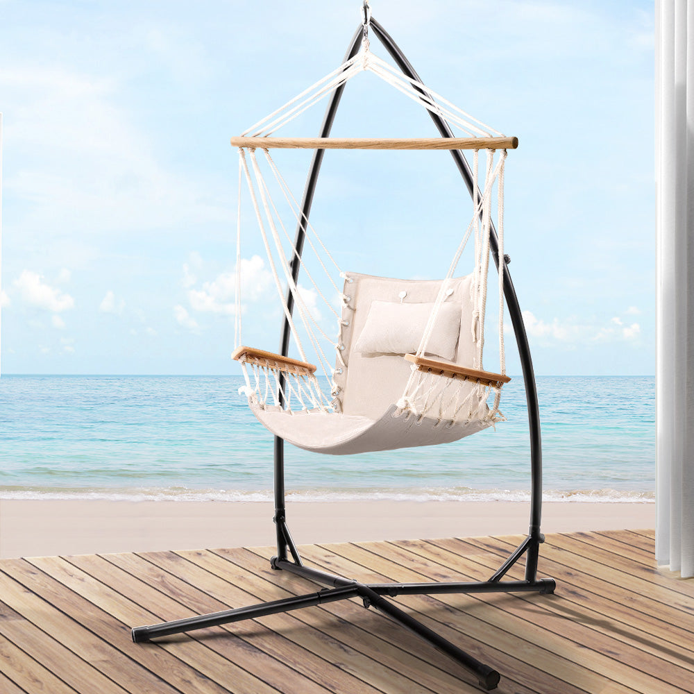 Gardeon Outdoor Hammock Chair with Steel Stand Hanging Hammock Beach Cream - image8