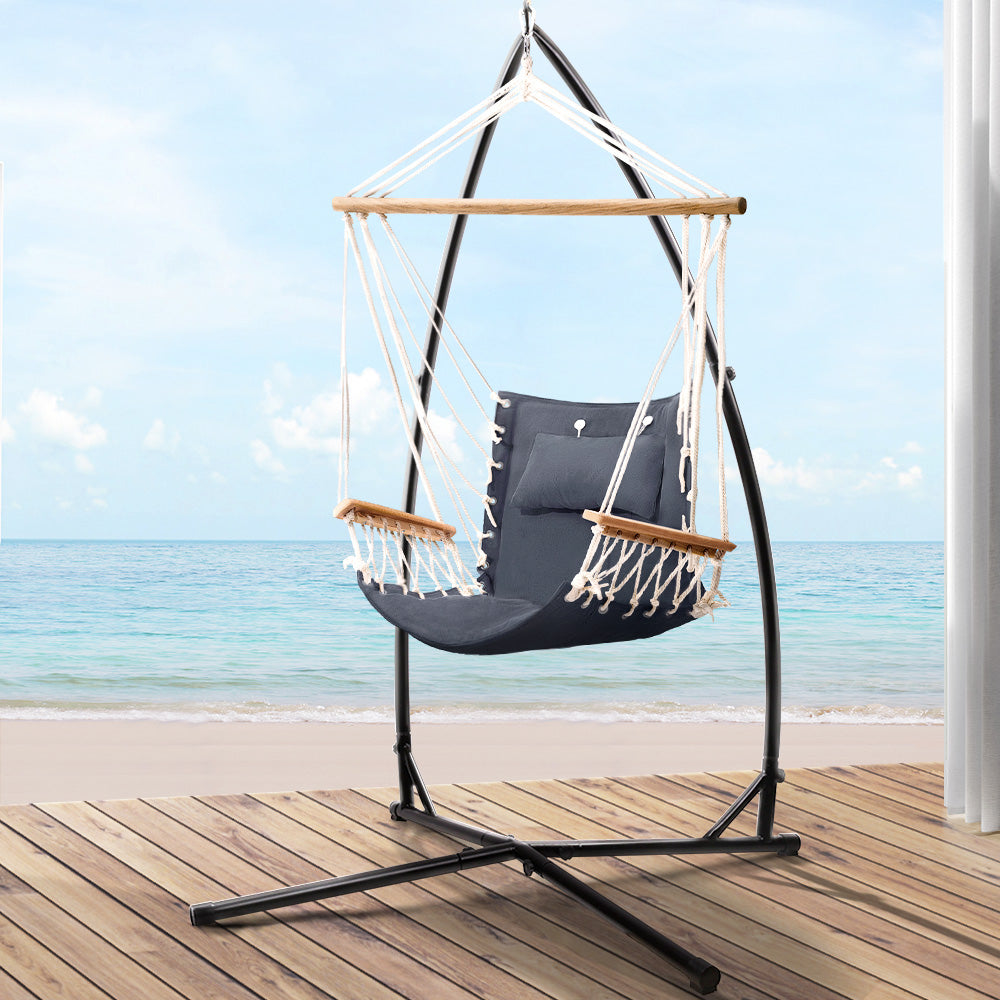 Gardeon Outdoor Hammock Chair with Steel Stand Hanging Hammock Beach Grey - image8