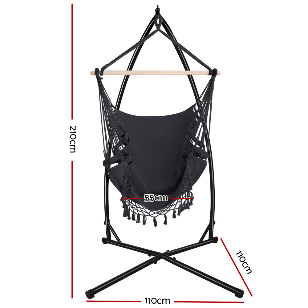 Gardeon Outdoor Hammock Chair with Steel Stand Tassel Hanging Rope Hammock Grey - image2