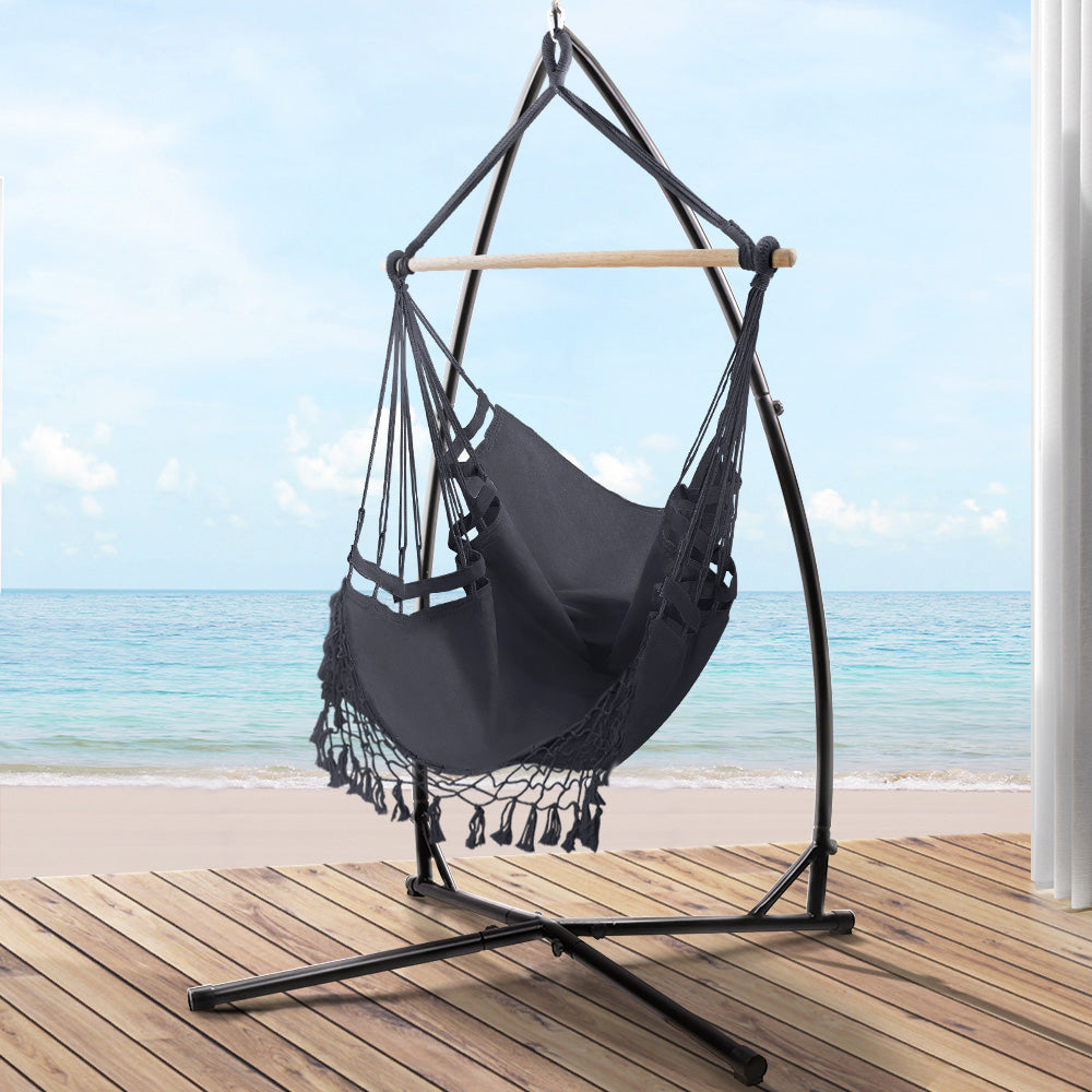 Gardeon Outdoor Hammock Chair with Steel Stand Tassel Hanging Rope Hammock Grey - image8