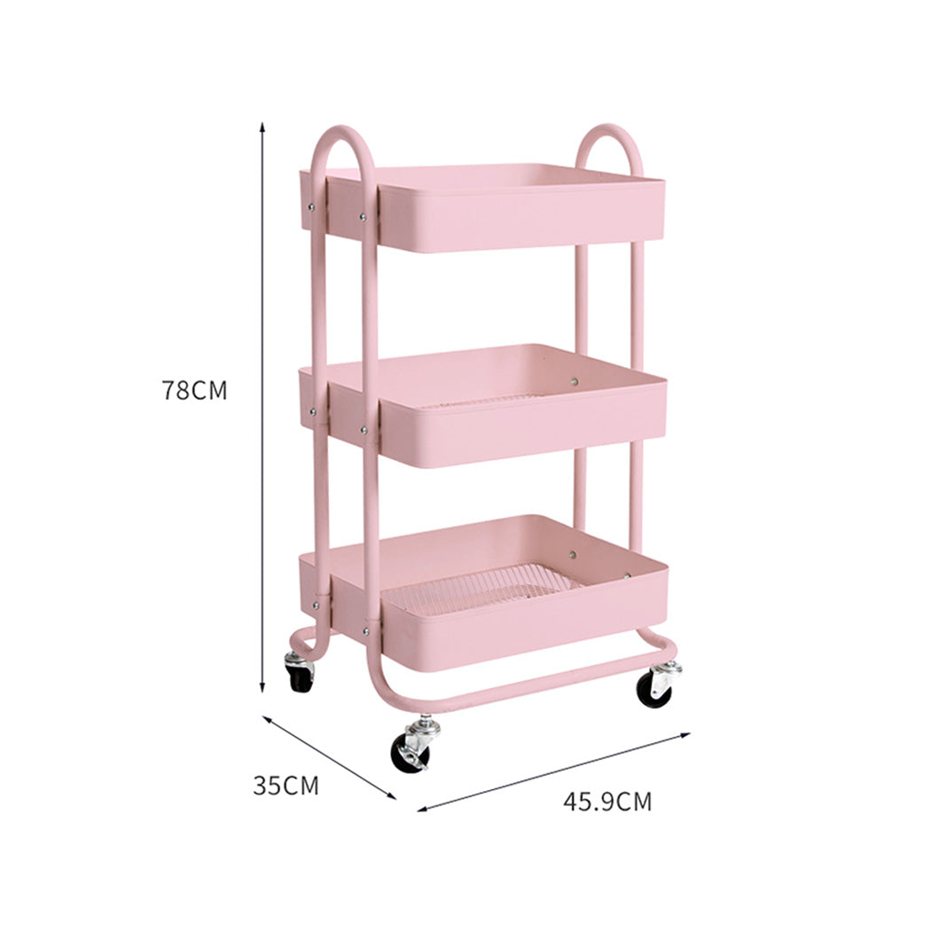 3 Tiers Kitchen Trolley Cart Steel Storage Rack Shelf Organiser Wheels Pink - image3