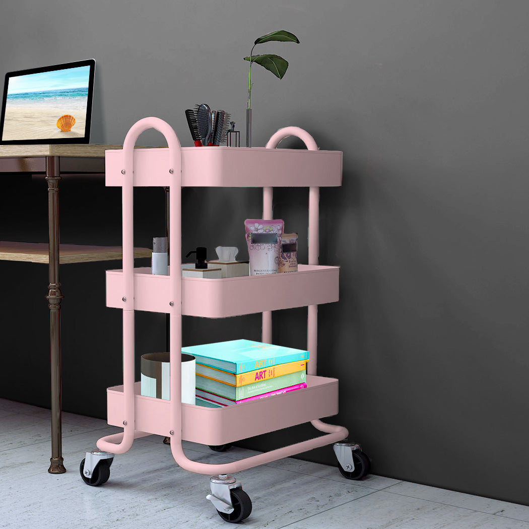 3 Tiers Kitchen Trolley Cart Steel Storage Rack Shelf Organiser Wheels Pink - image7