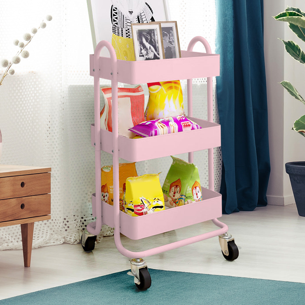 3 Tiers Kitchen Trolley Cart Steel Storage Rack Shelf Organiser Wheels Pink - image8