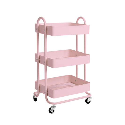 3 Tiers Kitchen Trolley Cart Steel Storage Rack Shelf Organiser Wheels Pink - image1