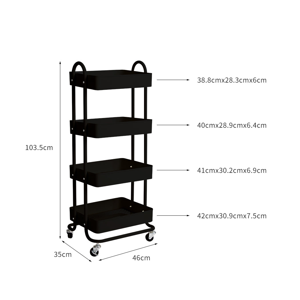 4 Tiers Kitchen Trolley Cart Steel Storage Rack Shelf Organiser Black - image3