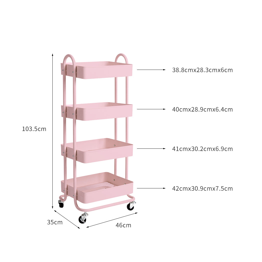 4 Tiers Kitchen Trolley Cart Steel Storage Rack Shelf Organiser Pink - image3