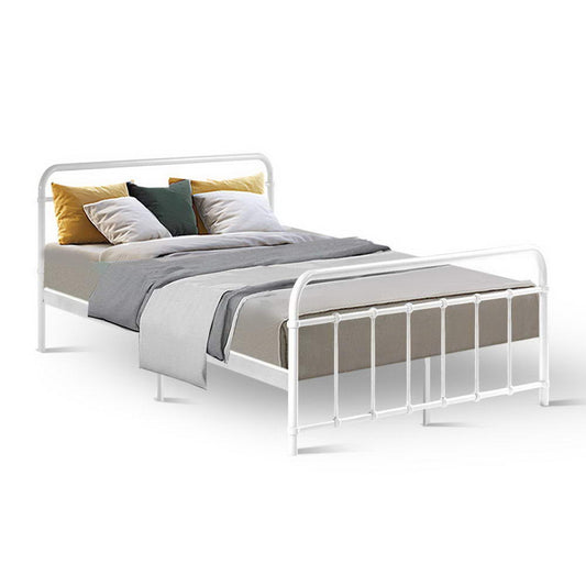 Metal Bed Frame Double Size Platform Foundation Mattress Base Leo White - image1