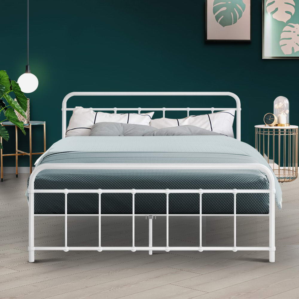 Metal Bed Frame Double Size Platform Foundation Mattress Base Leo White - image7