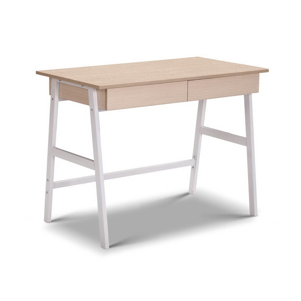 Metal Desk with Drawer - White with Oak Top - image1