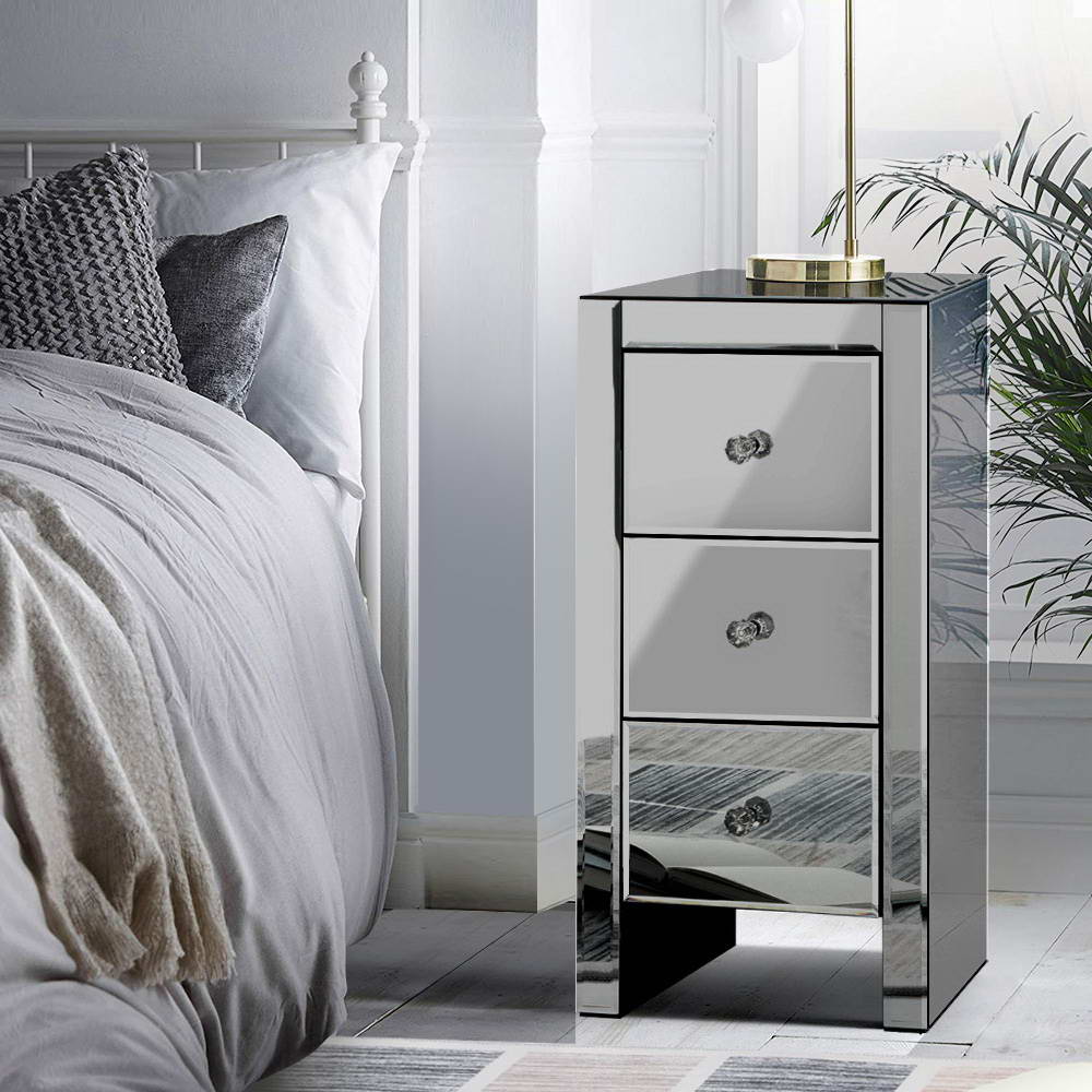 Mirrored Bedside Tables Drawers Crystal Chest Nightstand Glass Grey - image7