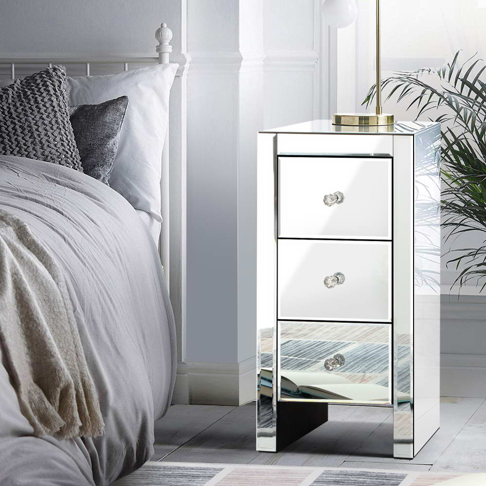 Mirrored Bedside table Drawers Furniture Mirror Glass Quenn Silver - image7