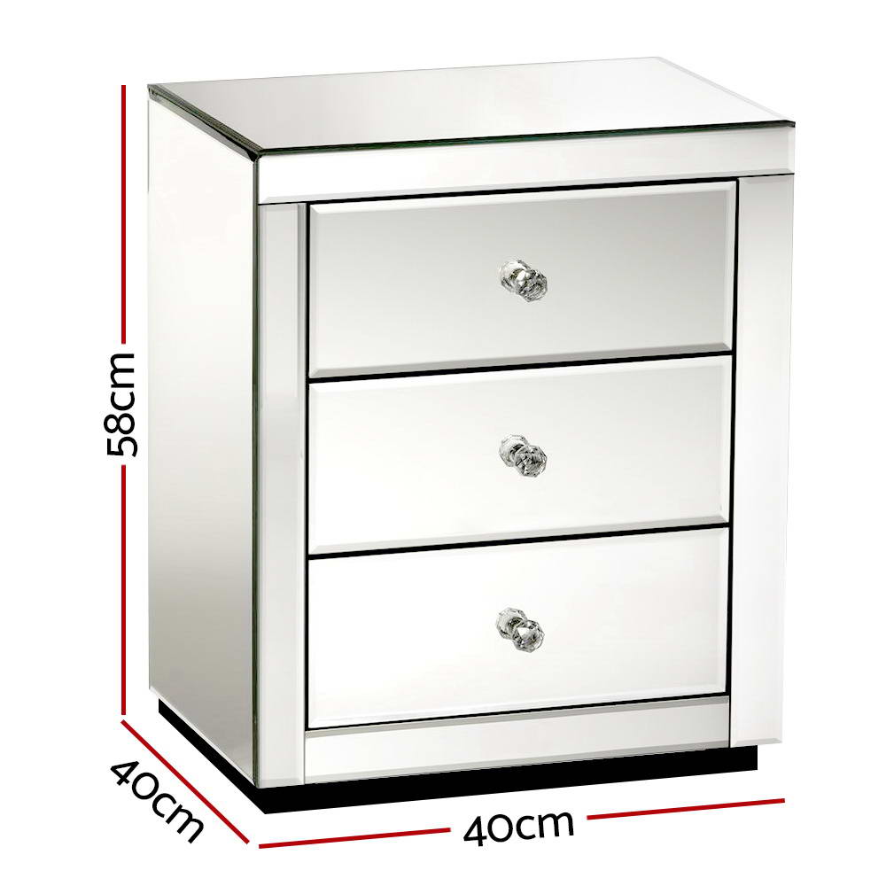 Mirrored Bedside Table Drawers Furniture Mirror Glass Presia Silver - image2