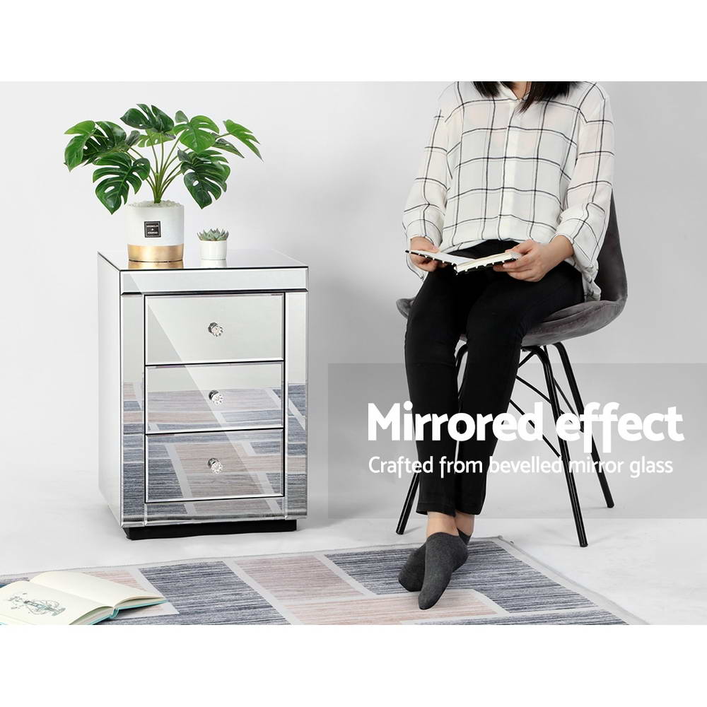 Mirrored Bedside Table Drawers Furniture Mirror Glass Presia Silver - image4